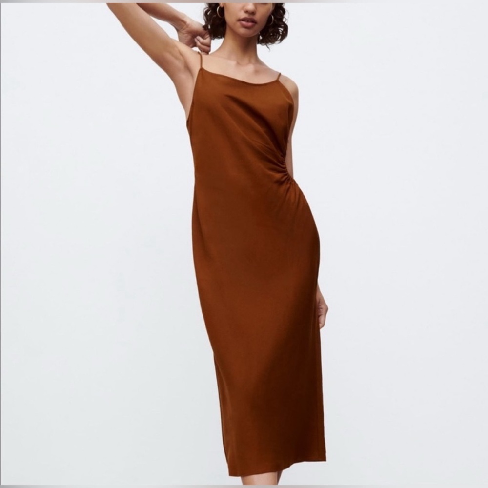 Zara Linen Blend Cut Out Brown midi Dress Spaghetti Strap in Size Medium